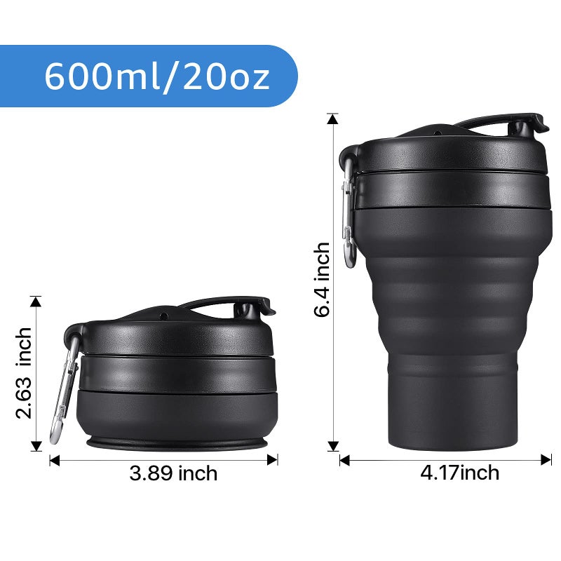 EASYXQ 2PACK Collapsible Coffee Cup  20 OZ 600ml Silicone Folding Camping Mug  Leak Proof BPA Free Portable Sport Bottle with Lids for hiking  Microwave & Dishwasher Safe (Black) - Image 2